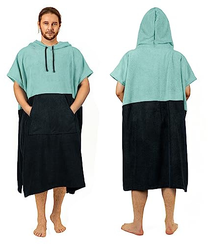 Zingtto Surf Poncho Changing Robe Extra Large Thick Towel Poncho for Men Women with Hood Pocket for Beach Swimming, 47‘’x37‘’, Black Teal