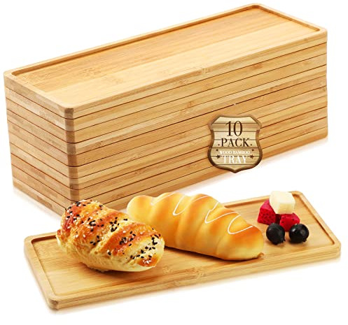 Bokon 10 Pcs Rectangle Wood Bamboo Tray Bamboo Serving Tray Wooden Serving Platter for Bathroom Counter Platter for Food Dinner Kitchen(Rounded Edges)