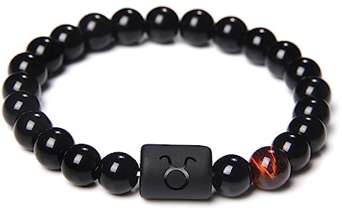 LODMLOER Toro 12 Constellation Segni Zodiacali Perline Braccialetto - Bracciale Per Coppie Naturale Onice Nero Pietra Braccialetto Elastico Con Ciondoli Per Donna Uomo Regalo Di Compleanno,Toro
