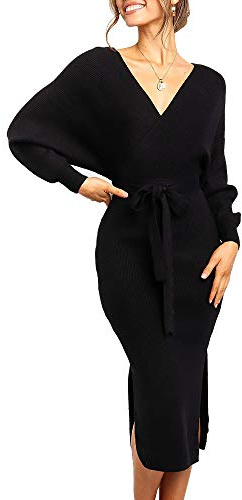 Saodimallsu Vestido de mujer con cuello en V vestido de punto manga larga suéter con abertura en la espalda vestido ajustado con cinturón para otoño invierno, Negro , XL