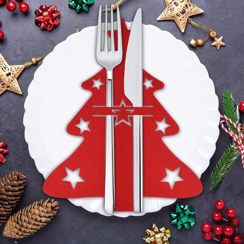 CZMAO Portaposate in Feltro di Natale, 12 Pezzi Tasca per le Posate Albero di Natale Decorazione, Coltelli Forchette Cucchiai Stoviglie per la Tavola Delle Feste Decor Natalizia