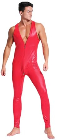 Rvlaugoaa Tuta Intera in Pelle da Uomini,Senza Maniche Cerniera Bodysuit,Tutine e Body in Pelle Lattice Gilet Jumpsuit Wetlook Catsuit (XL,Rosso)