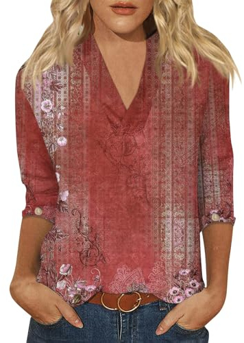 SCBFDI T Shirt Donna Cotone, Camicette Donna di Base Scuola Estivo Blusa Manica a Sette Punti Sottile V Neck, Bluse E Camicie da Donna