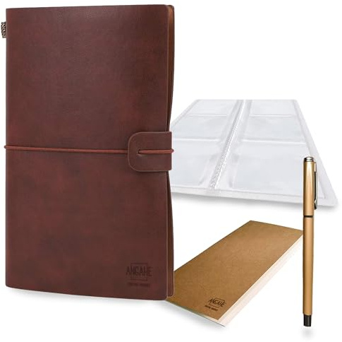 ANGAHE creating moments Diario de Viaje Vintage para Adultos | Cuaderno de Viaje y Agenda Personal | Incluye Recambio de Hojas Estilo Antiguo, Tarjetero para Pasaporte y Bolígrafo.