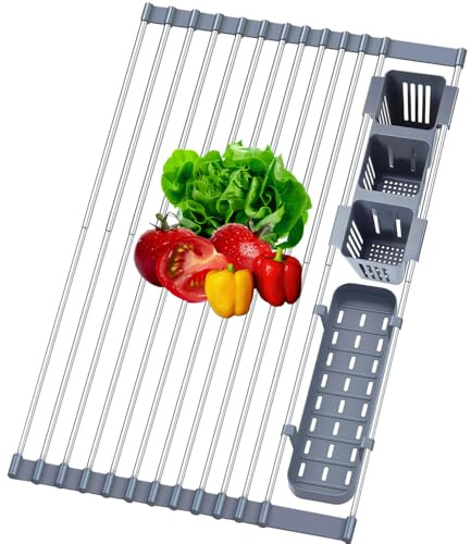 Jernoy Large Expandable Roll Up Dish Drying Rack Over The Sink with 2 Removable Utensil Holders, 304 Stainless Steel Dish Drainer for Kitchen Counter Space Saving (Up to 58 CM), Grey