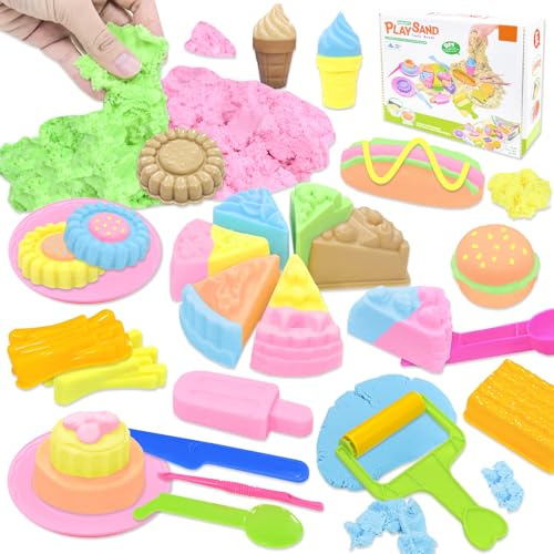 VBACALA Kit Sable Magique 750g avec Bac Sable,Moules Gateaux,Hamburgers et Glaces,Jouets pour Jouer avec du sable a l'Interieur avec Accessoires et Outils,Cadeau pour Enfants 3+ Ans,Filles et Garcons