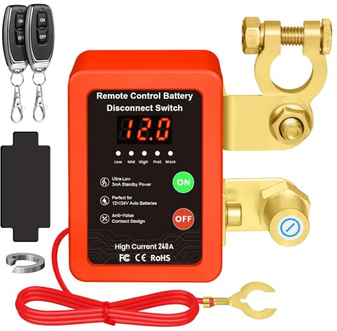 Desconectador de Bateria Coche, 12V 240A Corta Corriente Bateria Coche, Interruptor de Desconexión de Batería Remota con 2 Telecontrol, Interruptor de Batería para Coche Camión RV ATV (Red)