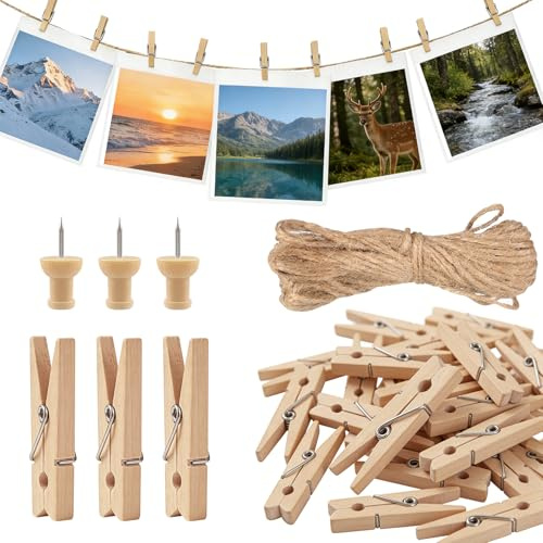 200 Pcs Mini Pinzas de Ropa de Madera (1 Pulgada/2,5 cm), 30 Clavos de Madera, Mini Pinzas para Fotos, Tarjetas Postales, Decoración DIY para Hogar, Bodas y Fiestas (Marrón) + 10m de Cuerda de Yute