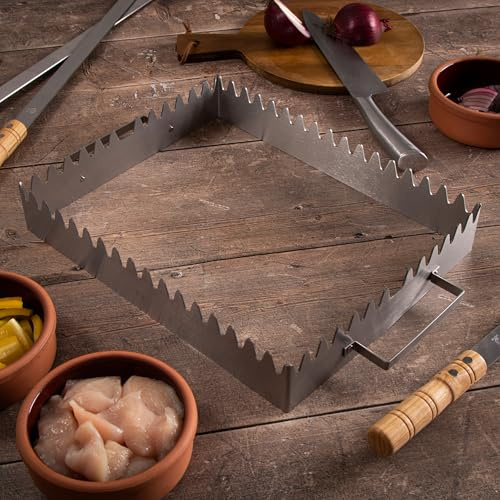 JD Europe Stainless Steel BBQ Skewer Rack, Silver, Serrated Edges, 30 x 24 cm, for Grilling Kebabs