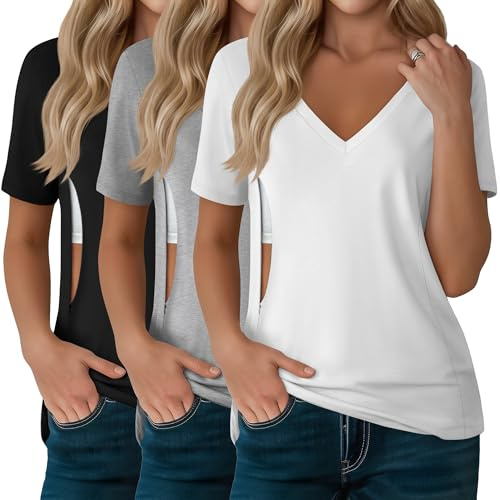 Xuniea 3 Pack Women's Nursing Tops, Hidden Zipper Nursing Shirts for Breastfeeding & Pumping Short Sleeve V Neck(Medium,Black, Gray, White)