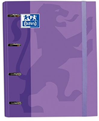 Archivador 4 anillas con recambio y goma Oxford, Tapa Extradura A4+ con Recambio 100 Hojas, Cuadrícula 5x5, Color Malva