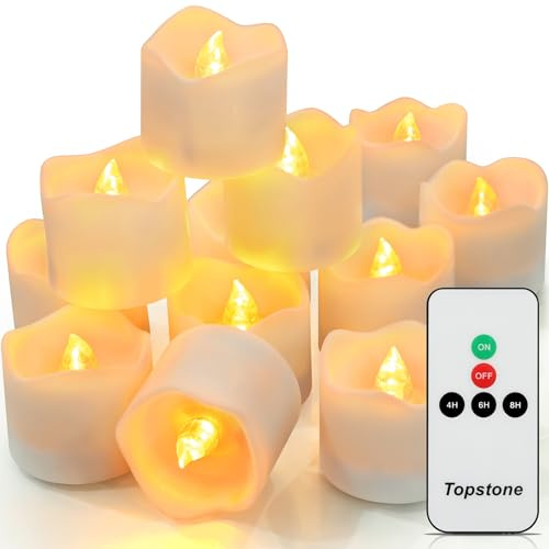 Topstone Flameless Candles with Remote Control, Battery-Operated LED Electronic Candles, 400+ Hours with CR2450 Battery, Yellow Glow, Flickering Realistic Fake Candles for Home Decor, Wedding, Party
