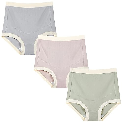 FEOYA Women's Maternity Underwear Over Bump Cotton Pregnancy Panties Plus Size High Waist Seamless Briefs 3 Pack (Bear - Pink & Yellow & Blue, Large)