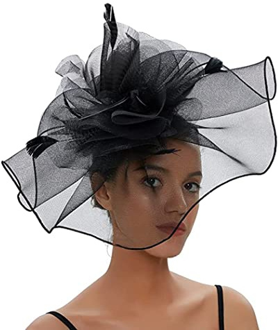 LONTG Women Black Fascinator Headband Pillbox Hat Big Flower Wedding Bridal Headdress Headpieces Race Ascot Hat for Funeral Halloween Burlesque Feather Flapper Hair Accessory Hen Party Prom Evening