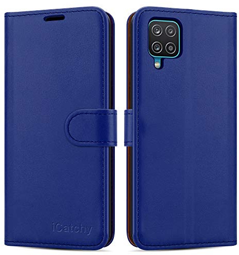 iCatchy For Samsung Galaxy A12 Case Leather Wallet Book Flip Folio Stand View Cover with Card Slots Compatible with Galaxy A12 5G (6.5'') (Blue)