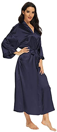 MizzGenio Women's Long Silk Robes Lightweight Long Satin Robes Full Lenth Dressing Gown Loungewear,Navy,L/XL