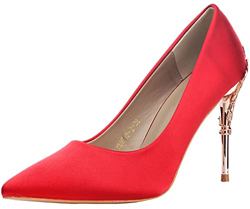 wealsex Womens Satin Stiletto High Heels Pointed Toe Court Shoes Ladies Wedding Formal Office Party Pumps Metal Heel (Red,4)