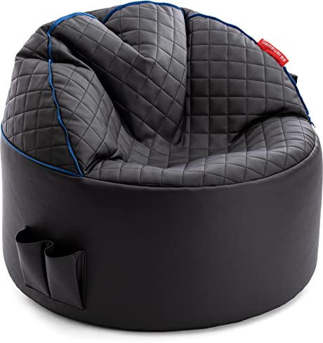 Gamewarez Sitzsack mit 2 in 1 Funktion, Gaming Sitzsack/Sessel mit Rückenlehne und Lifystyle Hocker für Erwachsene & Teenager, inkl. Seitentasche, 85x42 cm, Kunstleder, Made in Germany, schwarz-blau