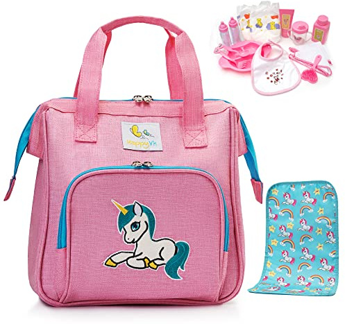 HappyVk- Doll Diaper Bag with Accessories- Unicorn Embroidery