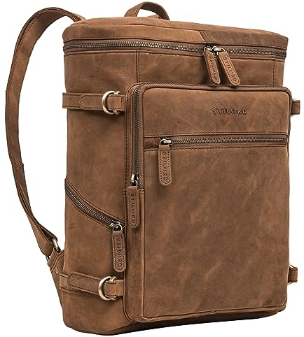 STILORD 'Alvar' Businessrucksack Herren und Damen Leder mit Laptop-Fach bis 15,6' Studenten-Rucksack Laptoprucksack Cityrucksack Echtleder, Farbe:tan - dunkelbraun