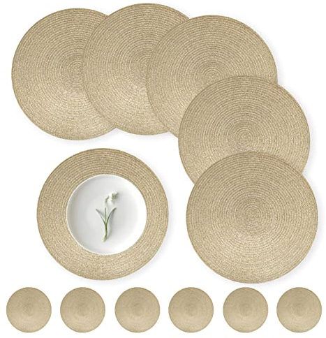 wiipara 12er Set Runde Tischsets Platzsets Abwaschbar, 34cm Gewebte Platzdeckchen Hitzebeständig mit Untersetzer, Tischset Platzset Gold Rund für Küche, Weihnachten, Party, Hochzeit (Gold)