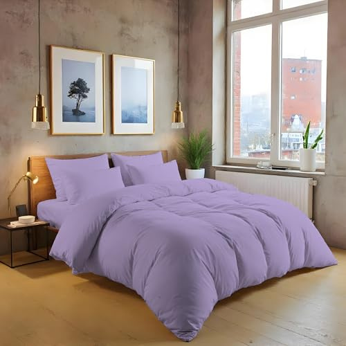 Ensemble de housse de couette MistyMorning, uni, linge de lit et lin doux et de haute qualité, 100% coton égyptien, 200 fils, couleur lavande, pour lit une place