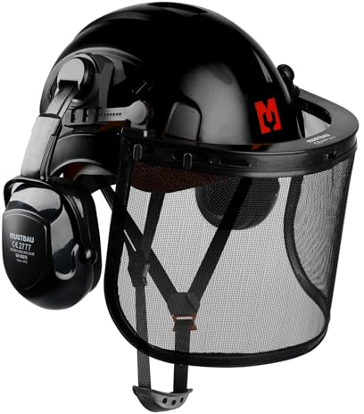 Mustbau Casque de Sécurité pour Tronçonneuse, Casque de Protection avec Coquilles Antibruit et Visière en Maille, 53 à 63cm Tour de Tête Réglable Convient pour Forestière, Chantier, Travail - Noir