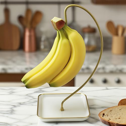 VROOMIUM Banana Holder Stand with Ceramic Base - Holds Up to 5 Pounds Bananas, Hassle-free Cleaning, Stylish and Chic Design Banana Rack - Gold