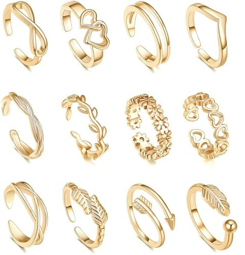 KOLZEMV 12 Stück Gold Gefüllte Zehenring, zehenring, zehenringe gold für Damen Blumenherz Offene Zehenringe Daumenringe Verstellbare Ring Gold Zehenringe Set Sommer Strand Fußschmuck