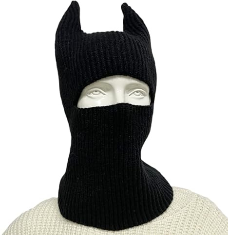 XGOPTS Halloween Knitted Horn Hat Winter Balaclava Cap Warm Full-Face Mask Beanie Creative Funny Devil Cow Horns for Party Cosplay Festival - Black/Grey - One Size