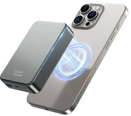 Magnetische Wireless Power Bank, 26800mAh schnelles tragbares Ladegerät, USB C in&Out Telefon-Akku-Pack für iPhone 16/15/4/13/12 Serie und andere Android-Handy（Metallisch Grau）