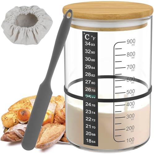 Juego de 6 tarros de vidrio para masa madre con escala de papel termómetro de 900 ml, resistente a la temperatura, contenedor de masa madre con tapa de madera, cubierta de tela, reutilizable, boca
