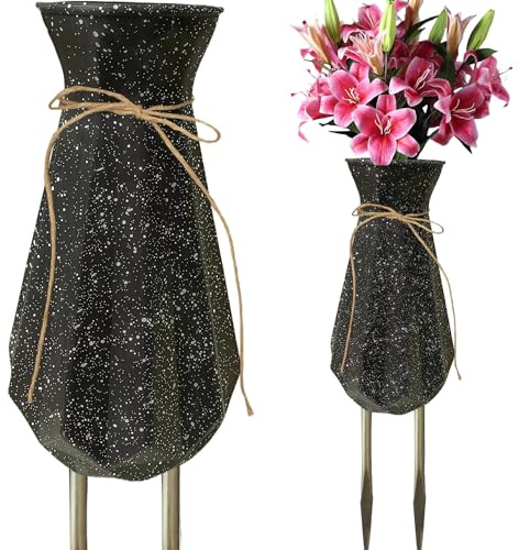 Cemetery Vases for Grave-Durable Plastic Grave Vases Flower Holder with Metal Spikes Bow Decor for Cemetery Headstones, Outdoor Grave Decorations for Memorial Gifts for Loss of Loved One - Balck
