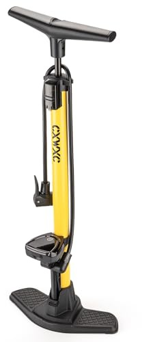 CXWXC Fahrradpumpe mit Digitalmanometer – Standluftpumpe bis 140 PSI für Presta & Schrader Ventile – Tragbare Fahrrad Luftpumpe mit großem LCD-Display (Gelb)