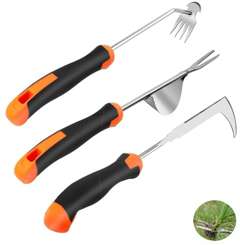 Weed Puller Tool, 3 Pack Hand Weeder Tool, Stainless Steel Dandelion Remover for Lawn Care, 4 Teeth Manual Crack Weeder, L-Shaped Weeding Tool with Ergonomic Handle for Garden, Flower Beds, Patio