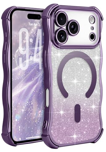 Wirvyuer for iPhone 17 Pro Curly Wave Frame Magnetic Case, Compatible with Magsafe with Removable Glitter Sparkly Card Cover, Clear Shockproof Anti-scratch Phone Case for Women Girls, Purple