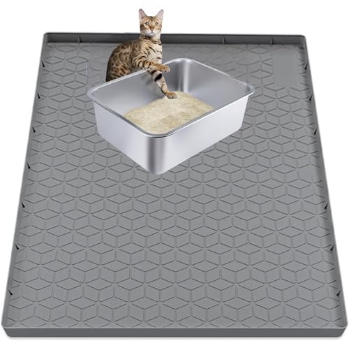 Large Cat Litter Mat, 34 X 22 (86x56cm) Silicone Cat Mat for Litter Box, Waterproof Litter Trapper with Raised Edge, Anti-Track Kitty Litter Box Liner for Hard Floors, Easy to Clean, Grey