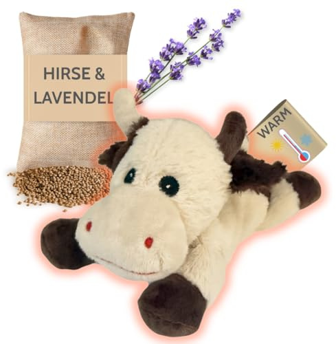Habibi Premium MIDI Deluxe 2044 Coussin chauffant en peluche pour bébés et enfants – Mini vache, rembourrage amovible en millet, pour chauffer au micro-ondes, convient également aux adultes (vache)