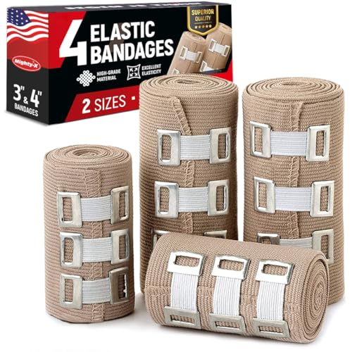 Premium Elastic Bandage Wrap - 4pk (2x3in, 2x4in) + 12 Extra Clips - Strong Compression Bandage Wrap for Leg, Arm, Wrists, Elbow, Ankles, Feet and Knees - for First Aid Kit and After Surgery Recovery