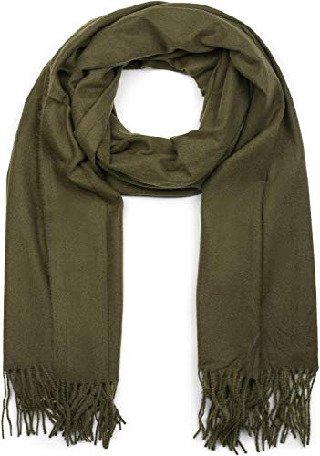 styleBREAKER Unisex Langer Schal einfarbig mit Fransen, Winter Stola Warm Unifarben, Weiches Tuch Viskose 01017104, Farbe:Oliv
