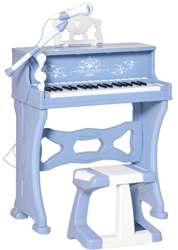 HOMCOM 37 Keys Kids Piano Mini Electronic Keyboard Light Kids Musical Instrument Educational Game Children Grand Piano Toy Set w/Stool & Microphone & Music Stand (Blue)