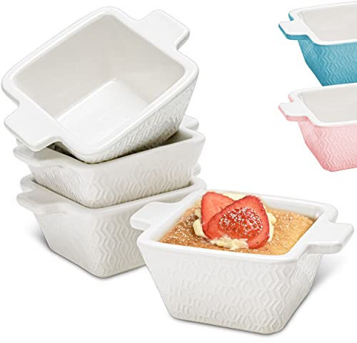 Praknu 4 Souffle Förmchen Keramik Set - Weiß 280ml - Backofenfest - Antihaftbeschichtet - Spülmaschinenfest - Eckig