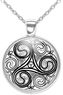 Collier fantaisie pour femme, cabochon en verre, sautoir illustré argenté, vintage, rétro, original, parure « la Bretagne », triskell, bigoudène, noir, blanc (ref.92a)