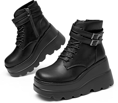 Gothniero Women Black Platform Combat Ankle Boots Chunky Heel Goth Rave Motorcycle Booties with Buckles Side Zip Rounds toe Size UK3-UK8
