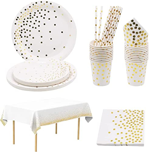 UptVin Vaisselle de fête en or blanc, accessoires de fête, assiettes en carton avec assiettes à dîner, serviettes en papier, gobelets en carton, nappes, set de pailles, pour anniversaire, mariage,