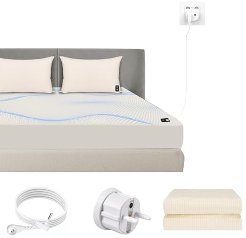 HUNAIGEE - Juego de cama de 200 x 200 cm de puesta a tierra, alfombra de puesta a tierra, fibra plateada para un mejor sueño, algodón orgánico beige