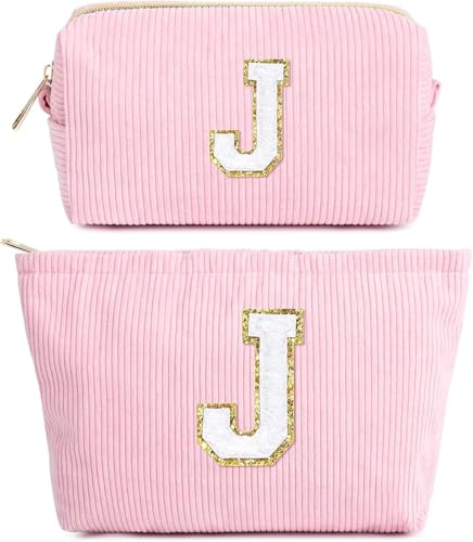 2 PCS Trousse Maquillage Femme, Sac à Cosmétiques Rose en Velours Côtelé avec Initiale, Pochette Maquillage de Voyage, Cadeau d'anniversaire Noël Idéal pour Femmes Petites Amies Meilleures Amies(J)
