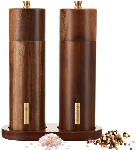 LOYIM Wooden Salt and Pepper Grinder Set 8 Inch Manual Salt and Pepper Mill with Tray Adjustable Coarseness Refillable Wood Grinders with Gold Bottle Label for Kitchen Christmas Home Gift(Wood Color)