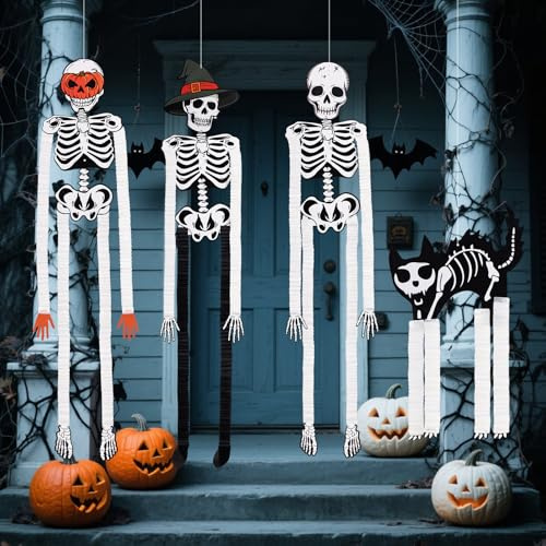 EASY JOY 4 Stück Halloween Deko Skelett,Papier-SkelettZiehblume Zum Aufhängen Garten,Halloween Deko Outdoor-Innen,Hängende Skelett Geist mit Hexenhut für Helloween Party Garten Spukhäuse