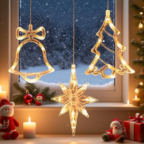 Aurevita Decoración navideña para ventana, juego de 3 luces LED para ventana, árbol de Navidad, campana, estrella del norte, funciona con pilas AAA, temporizador, ventosa para interiores, sin batería